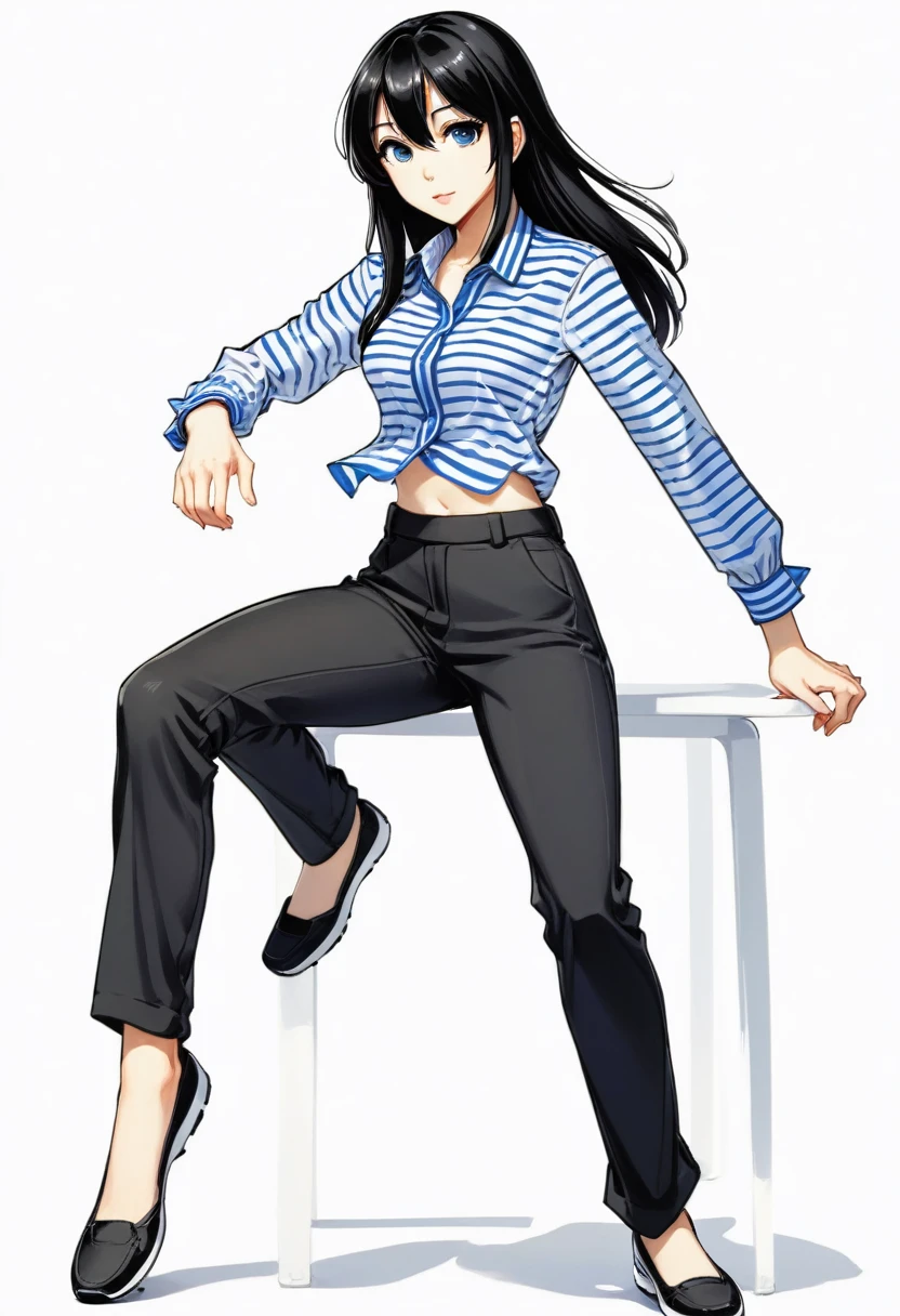 tall girl, slim, white, shoulder-length straight black hair, long bangs covering left eye, Blue right eye, various positions, sitting, sprinting, anime styling, thin face, black pants, ed long-sleeved blouse. white background