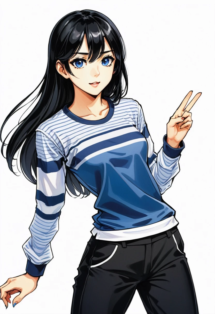 tall girl, slim, white, shoulder-length straight black hair, long bangs covering left eye, Blue right eye, various positions, sitting, sprinting, anime styling, thin face, black pants, striped long-sleeved blouse. white background