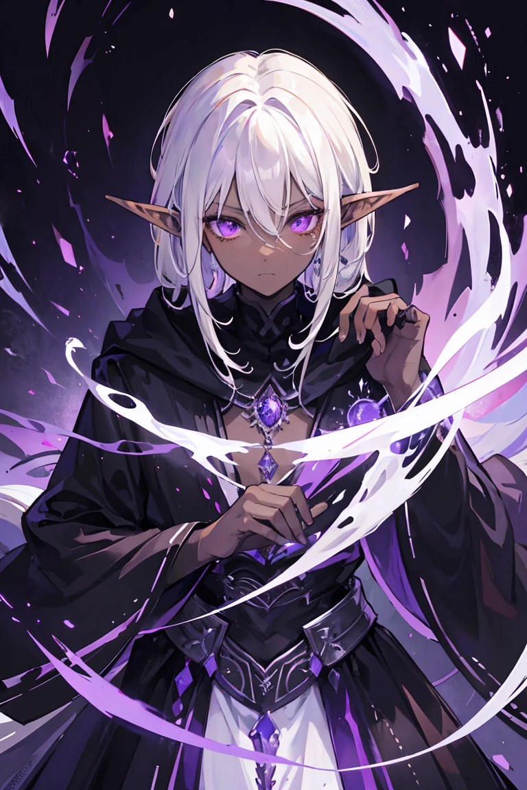 masterpiece, high quality, perfect face, 1man, male, tall, dark elf, short messy white hair, glowing purple eyes, scared hesitant confused expression, shy, dark skin, long elf ears, tired eyes, eyebags, black robe