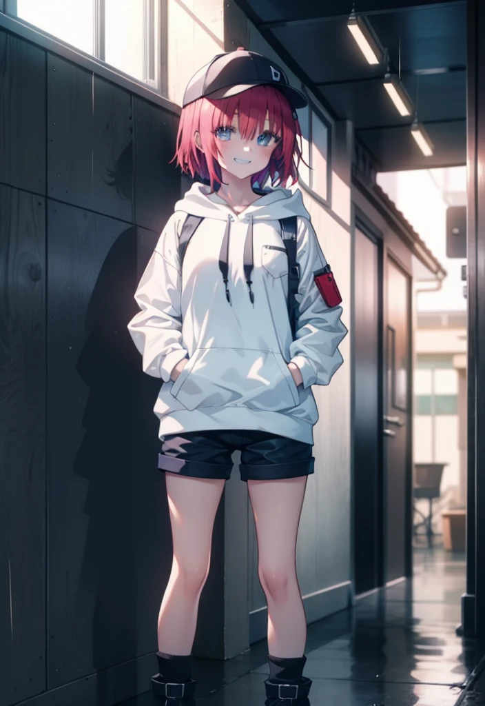 (masterpiece, Highest quality:1.2),shape,8K,High resolution,mea kurosaki,Mea Kurosaki,Redhead,Long Hair,Purple eyes,1 Girl,Baseball hats,Oversized black hoodie,Black shorts,short boots,Grin,smile,Both hands are in the pockets of the hoodie,Hiding in a roofed building,Standing leaning against a wall,rain,night,cloudy,whole bodyがイラストに入るように,
break looking at viewer,whole body,
break outdoors, Alley,
break (masterpiece:1.2), Highest quality, High resolution, ユニティ 8K 壁紙, (shape:0.8), (Beautiful and beautiful eyes:1.6), Highly detailed face, Perfect lighting, Highly detailed CG, (Perfect hands, Perfect Anatomy),