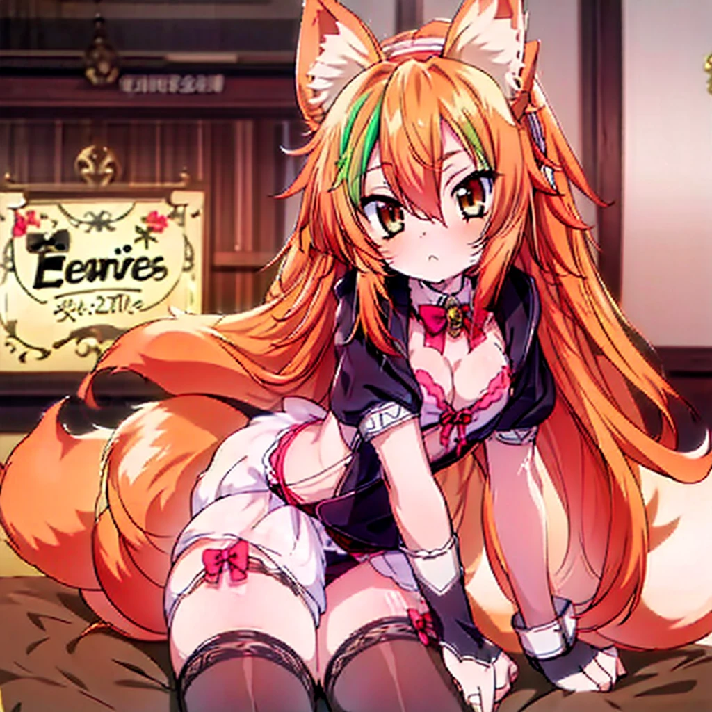 A girl holding a written sign "welcome!!!", facing the camera, long  hair, Stockings, animal ears, bangss, fox ears, gazing at viewer, fox tail,