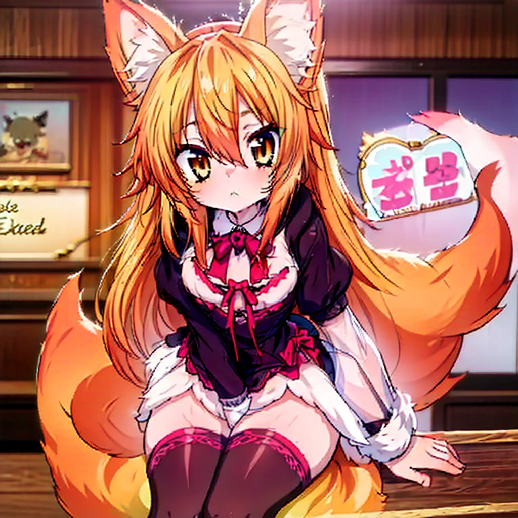 A girl holding a written sign "welcome!!!", facing the camera, long  hair, Stockings, animal ears, bangss, fox ears, gazing at viewer, fox tail,