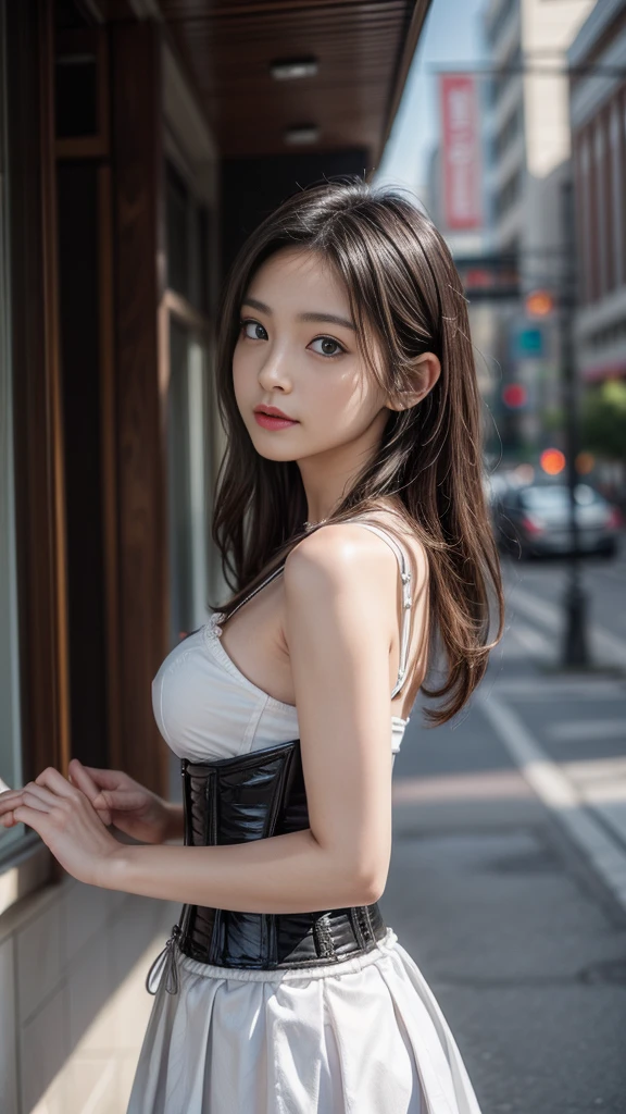 ((A beautiful girl who emphasizes her breasts with a thin corset)), ( girl:1.3, Baby-faced :1.4, Face:1.2), Medium breast, Slender body line, Ultimate Beauty, ((Detailed eyes and face:1.2, Professional photography techniques)), Beautiful eyes wide open, Captivating Lips, Sexy look, (Highest quality, 8K, masterpiece:1.2, RAW Photos), (Photorealism:1.4), (Detailed hands and arms), (Perfect Anatomy)