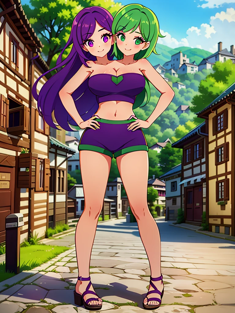 best quality, (masterpiece),(ultra-detailed), (high quality), (high resolution), ((2heads:1.5)), best quality:1.5, highres, UHD, 16K), ((two headed woman)), smiling, highres, masterpiece, ((green hair)), ((purple hair)), ((different hair colors:1.5)), cleavage, ((crop top:1.5)), lustrous and smooth skin, (seductive silhouette), sexy proportions, Beautiful girl with accentuated slender abs, ((full body)), ((village background:1.5)), ((exposed midriff)), body con dress, strapless, sleeveless, magenta eyes, ((long hair)), ((sandals)), ((hot pants))