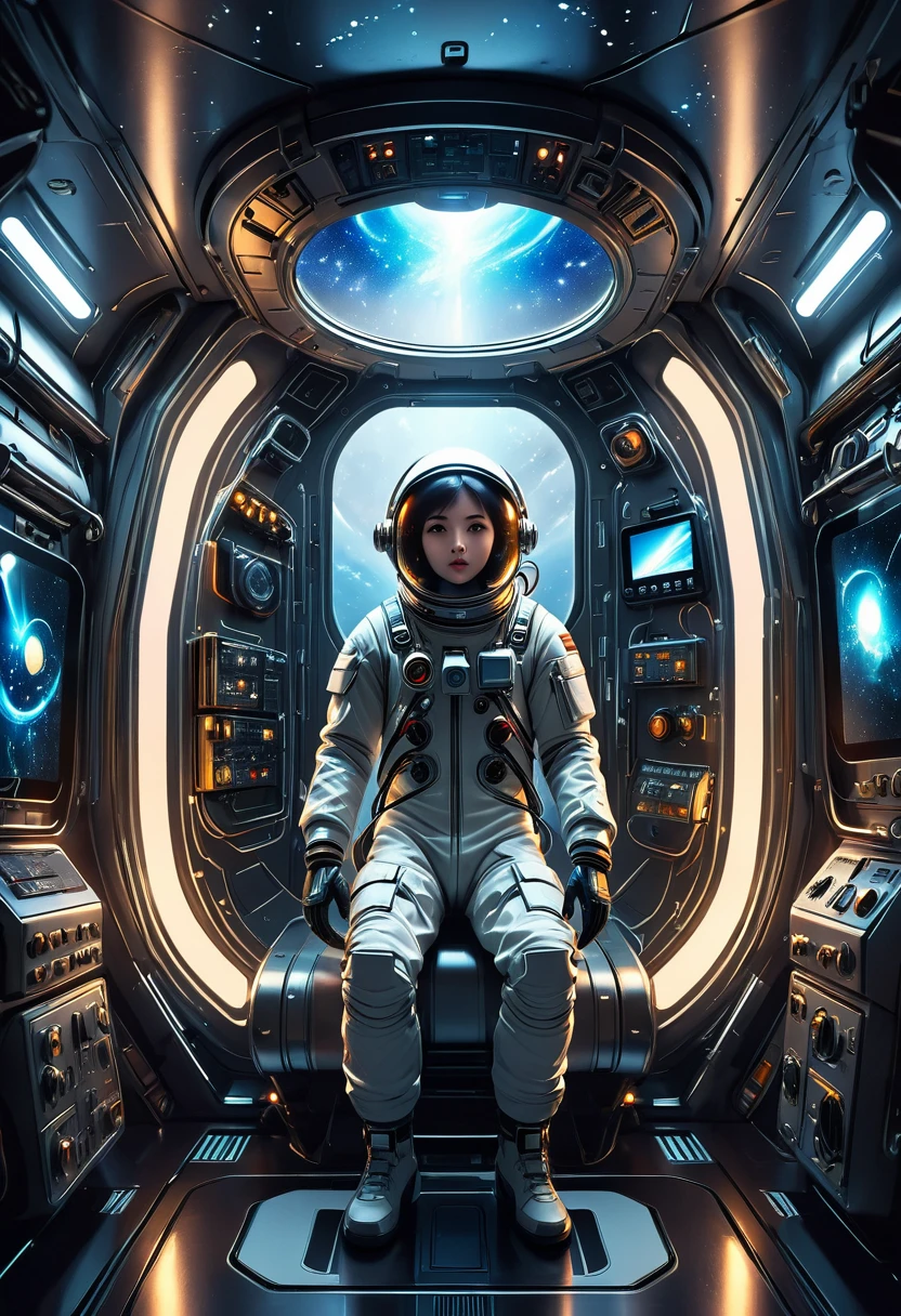a futuristic astronaut in a space capsule, Control panel, high-tech interior, metal and glass materials, atmospheric lighting, dramatic cinematic composition, intricate details, photorealistic, concept art style,(float。Suspension。weightlessness。)