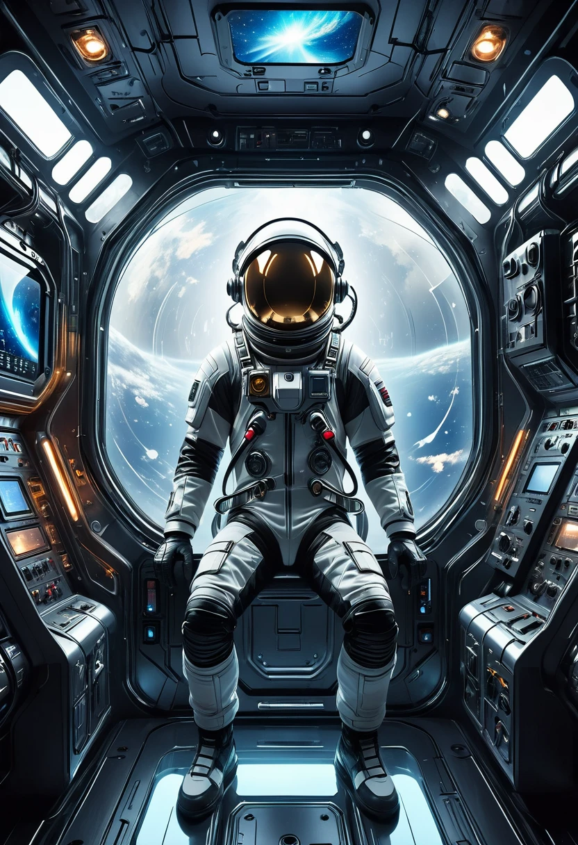 a futuristic astronaut in a space capsule, Control panel, high-tech interior, metal and glass materials, atmospheric lighting, dramatic cinematic composition, intricate details, photorealistic, concept art style,(float。Suspension。weightlessness。)