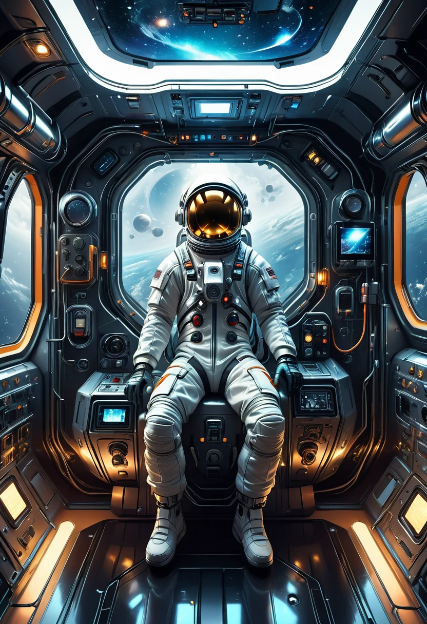 a futuristic astronaut in a space capsule, Control panel, high-tech interior, metal and glass materials, atmospheric lighting, dramatic cinematic composition, intricate details, photorealistic, concept art style,(float。Suspension。weightlessness。)
