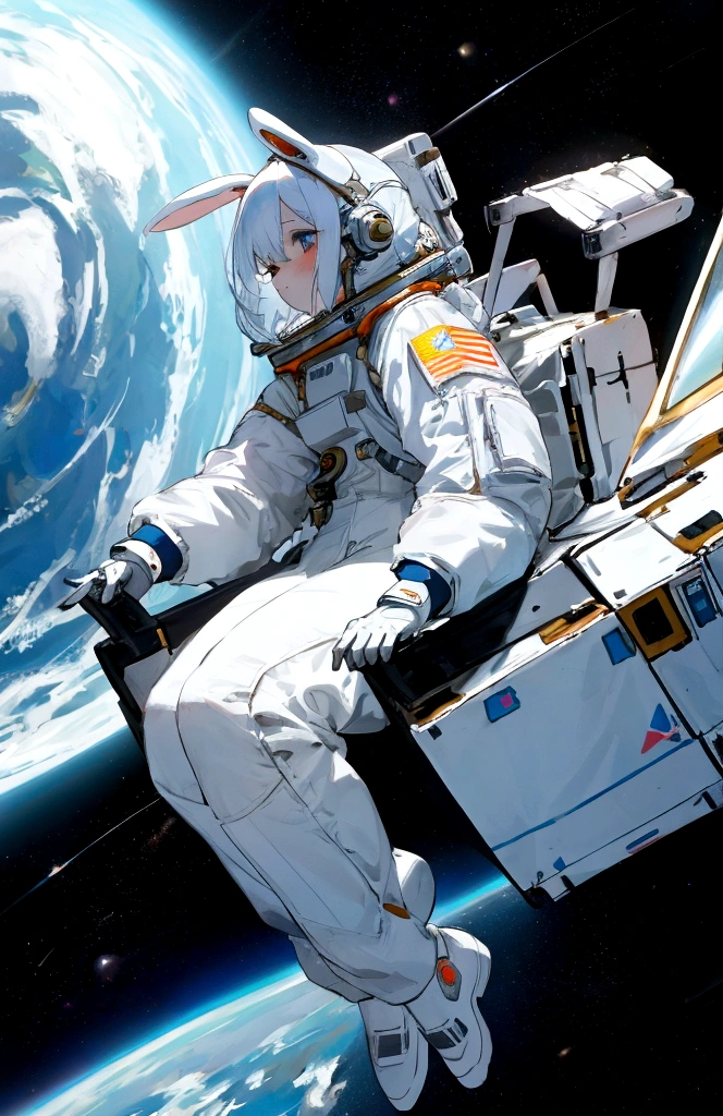 Astronaut and sexy rabbit girl with white hair floating in space while looking ahead