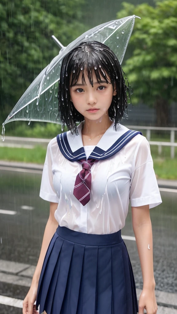 ((masterpiece,Highest quality;1.3,Best illustrations)), ((get wet:1.5)), (Beautiful breasts, Large Breasts), Cowboy Shot,1 Girl、、alone,((very small head:1.5)),Black Hair, Bobcut, open forehead, short hair, Brown eyes,Gorgeous eyes,blush,((Very long body:1.3)),((Toned body,Slender body,skinny)),Glowing Skin,Shiny skin,Oily skin,(Soaked in the rain、Short-sleeved sailor uniform、tie、Pleated skirt、Japanese junior high school uniforms)、heavy rain、rain、on the road,Tokyo,