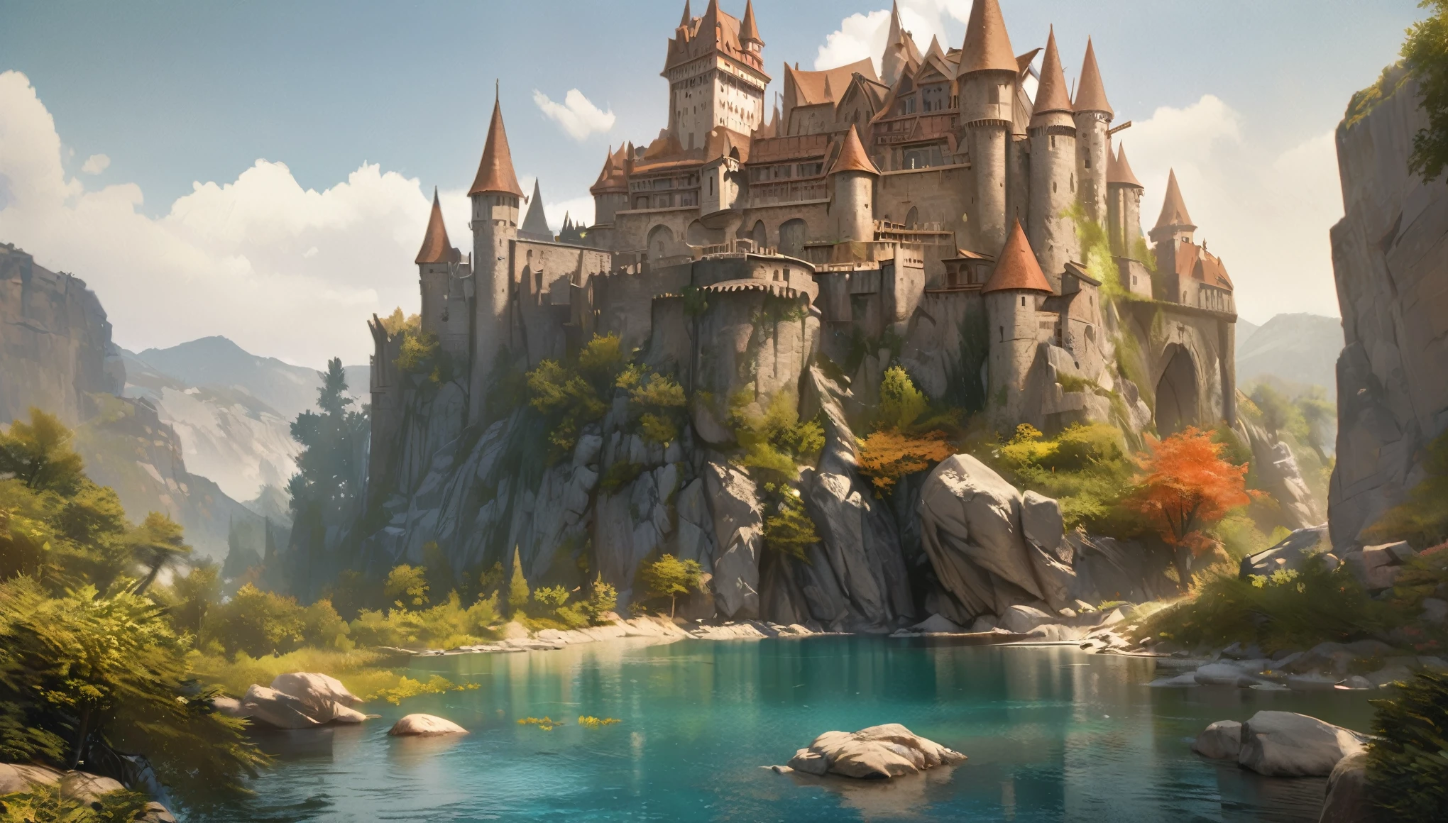 Western-style castle,nature,Summer sky,Blur the background,Highest quality, 8K, High resolution, masterpiece:1.2, Very detailed, Realistic:1.37, High resolution, 超High resolution, Ultra-fine painting, Very detailed, Professional, Vibrant colors
