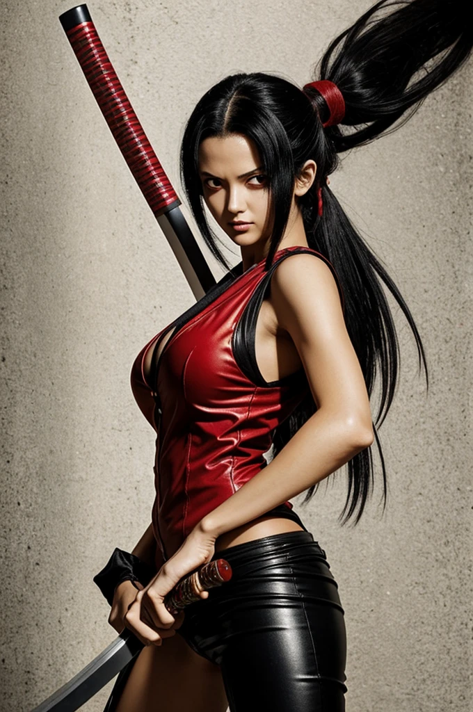 A tall girl with black hair with red highlights, Red eyes, having a black and red katana in his hand from one piece 
