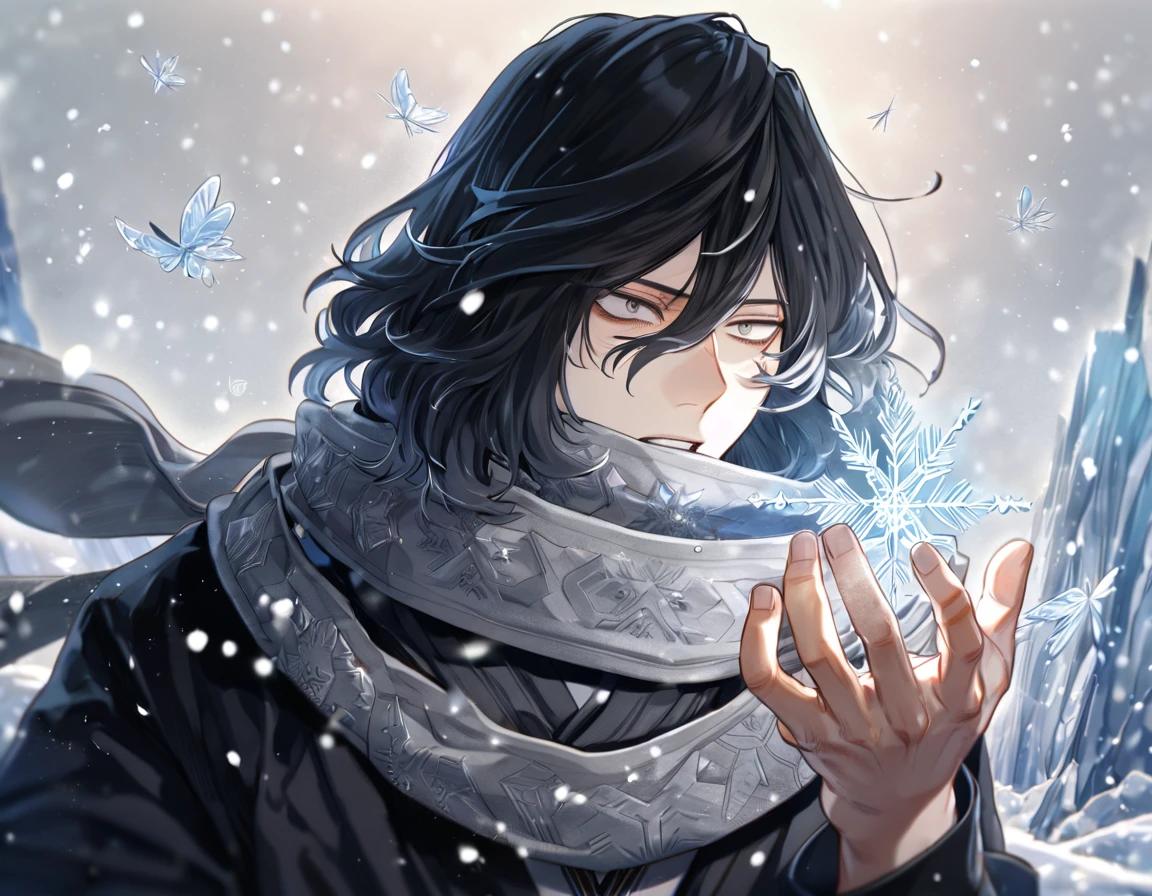 absurdres, highres, ultra detailed, HDR, master piece, best quality, Eraser Head, black hair, expressive gray eyes, medium hair, faint beard, Boku No Hero Academia, solo, sexy man, handsome, gray scarf, black clothes, magical, fantasy, snowflakes, ice butterflies, ice, snowing