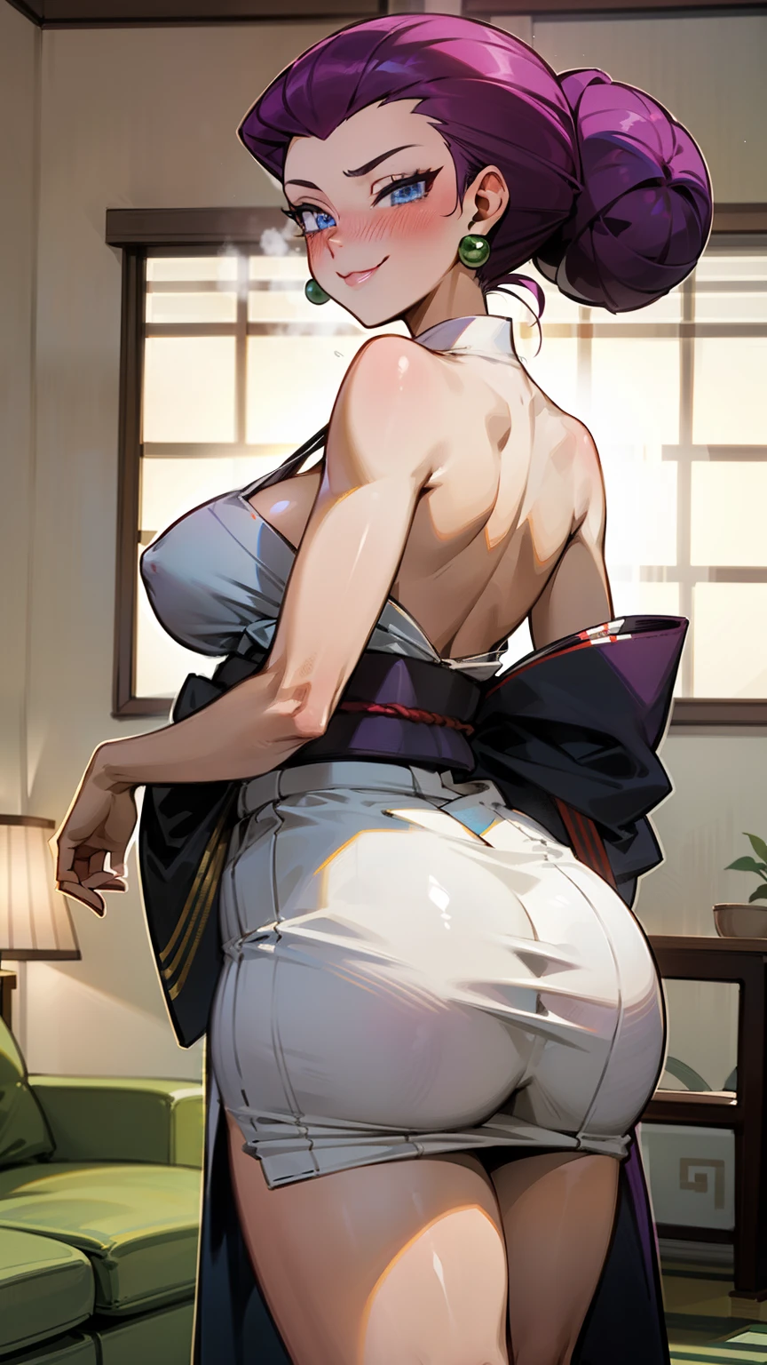 (Masterpiece), Best Quality, ultra-detailed, 1girl (jessie pokemon, Big and pretty breasts, purple hair, hair all back, hair bun,blue eyes), wicked smile,facing viewer, looking at viewer,nose blush, blush, solo, kimono, japanese clothes, , in the livingroom, night time, standing, Sexy waist teasing
