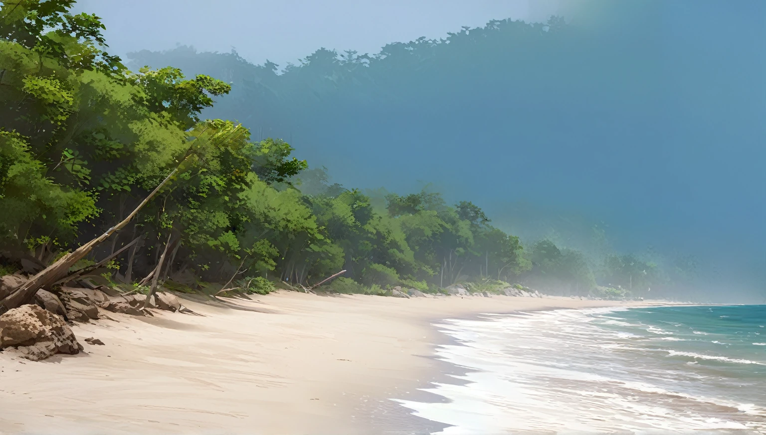 Deserted beach, High detail, Sharpness, Clear vision, A shot of the forest from the beach side.。