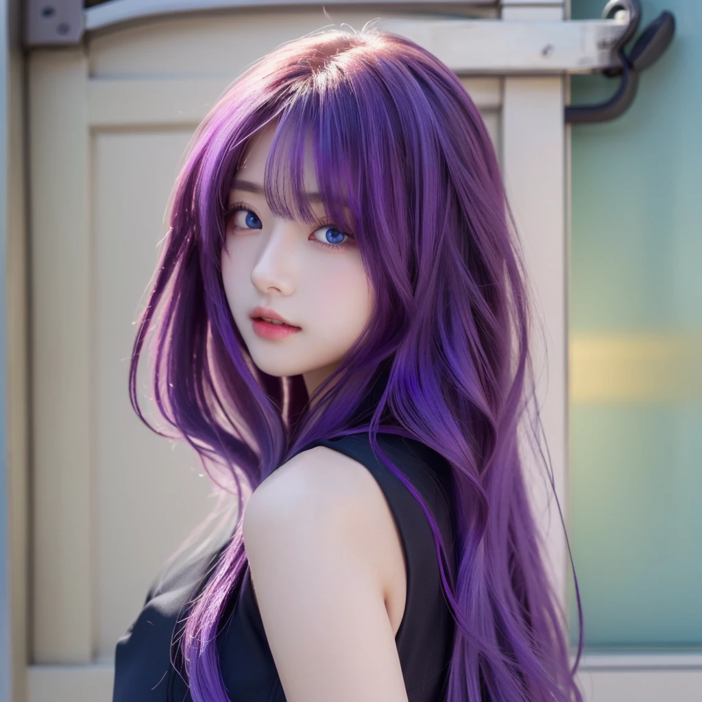 1girl with long hair and black dress standing in front of a door, anime girl wearing a black crop top, (Light purple hair), (Long hair), fair skin, blue eyes