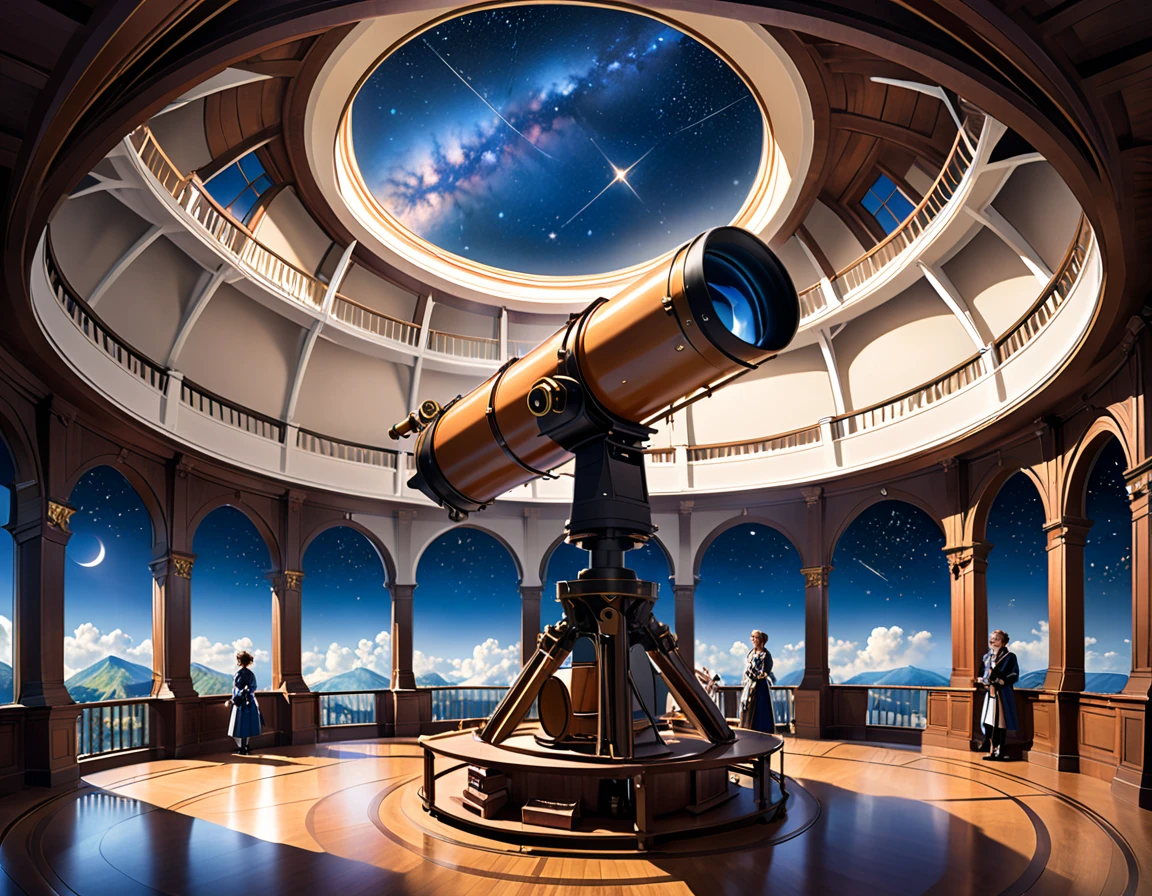 The 18th century telescope was located in an indoor observatory on the top floor of the building, with the side of the circular dome-shaped roof open, allowing a long telescope to be pointed diagonally upwards to observe the starry sky. Scholars gathered in the hollowed-out corridor surrounding the telescope, which rose up from the floor below, discussing something in the royal castle in the sky.