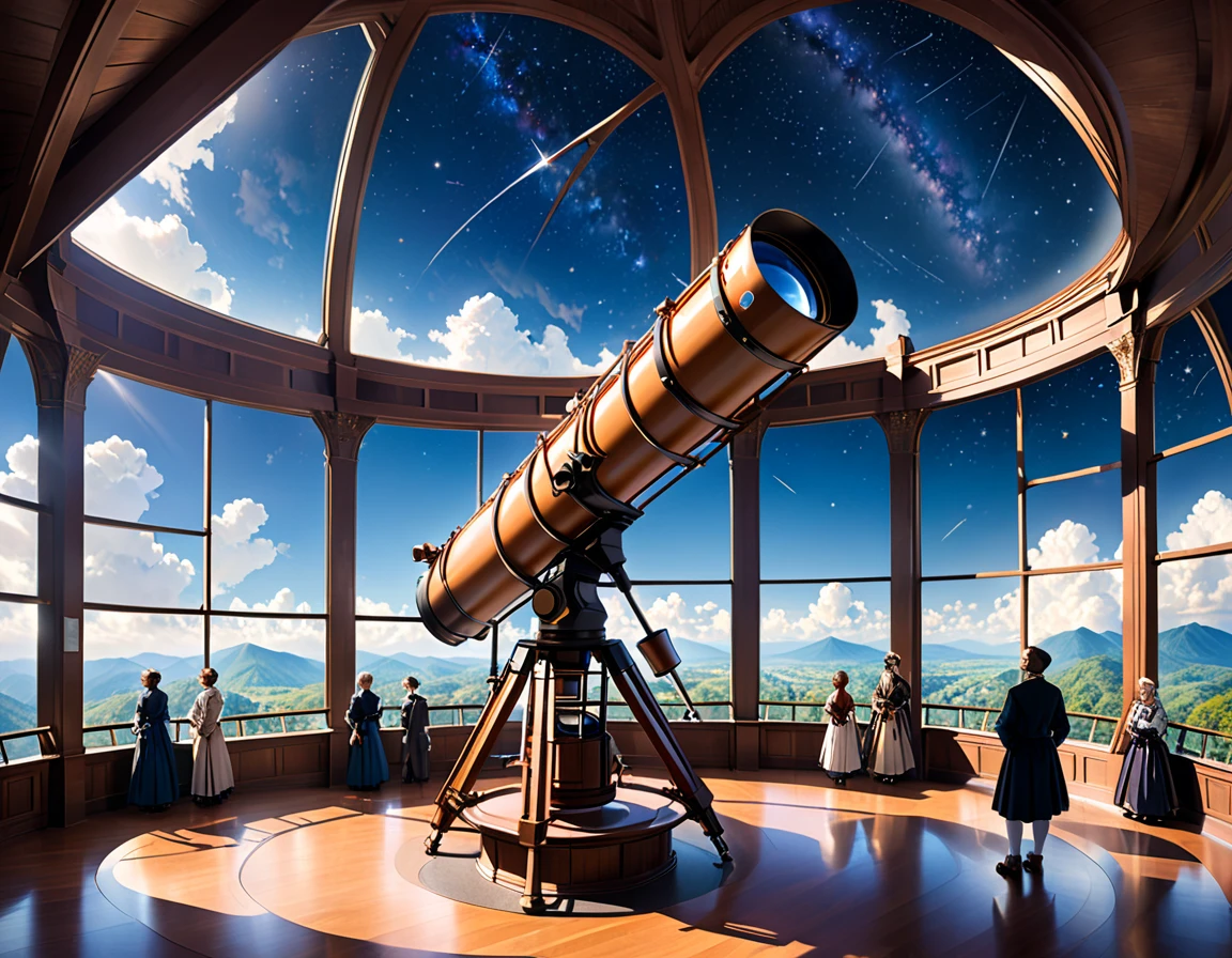 The 18th century telescope was located in an indoor observatory on the top floor of the building, with the side of the circular dome-shaped roof open, allowing a long telescope to be pointed diagonally upwards to observe the starry sky. Scholars gathered in the hollowed-out corridor surrounding the telescope, which rose up from the floor below, discussing something in the royal castle in the sky.