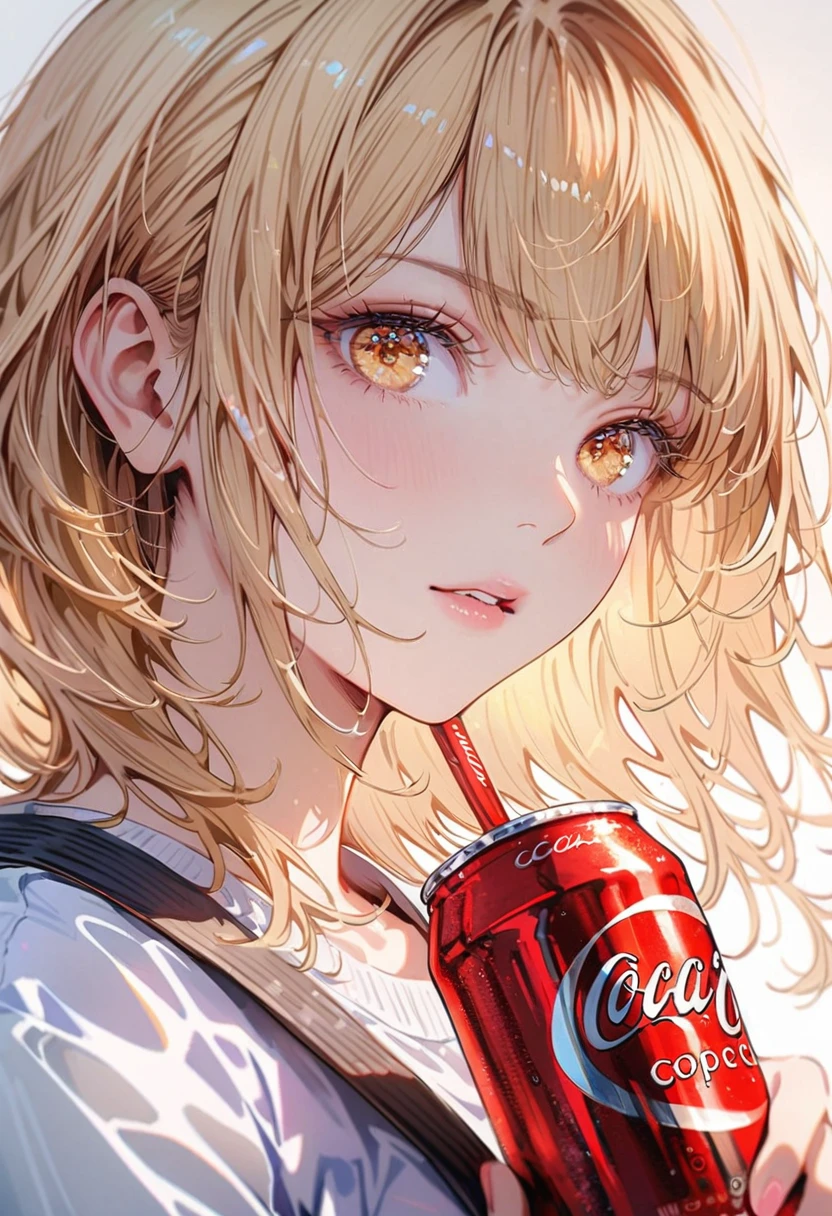 Beautiful girl modern fashion drinks Coca Cola, style,8k resolution, Soft lighting,Super detail in skin and hair texture, Eye,nose, Realistic mouth details,Blonde hair