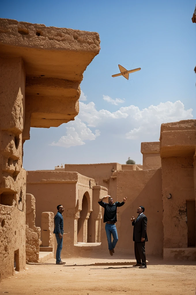 Two men surprised seeing another man floating shooting rays from his eyes and body,This happens in a landscape in North Africa