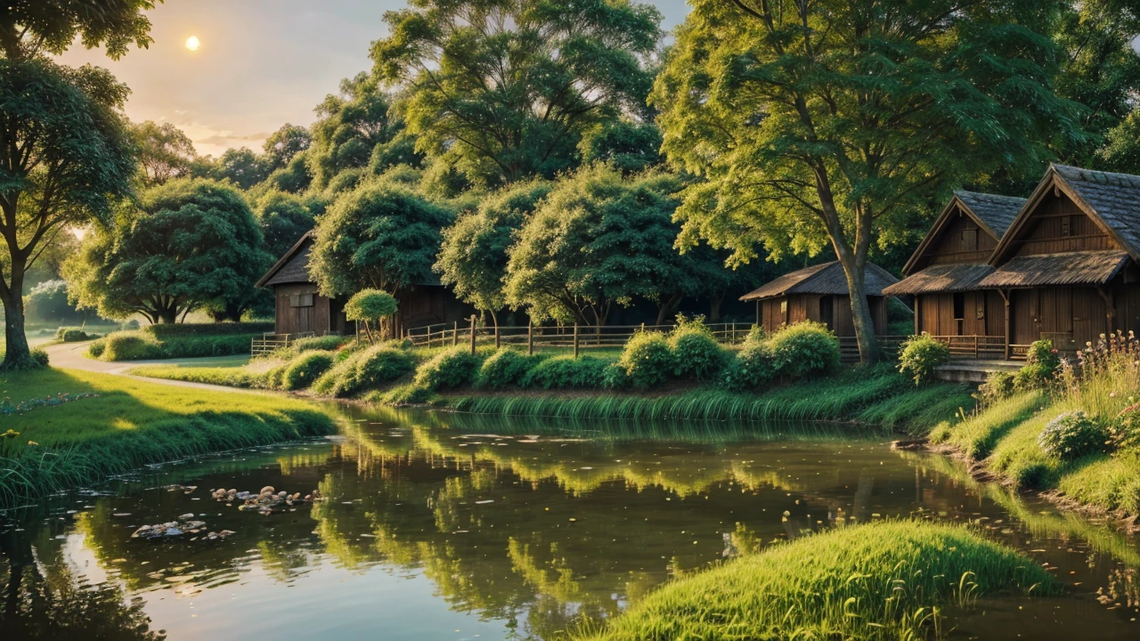 beautiful village scene, 1boy, serene morning, birds singing, rising sun, lush greenery, detailed landscape, idyllic countryside, vibrant colors, soft lighting, photorealistic, ultra-detailed, 8k, cinematic, masterpiece