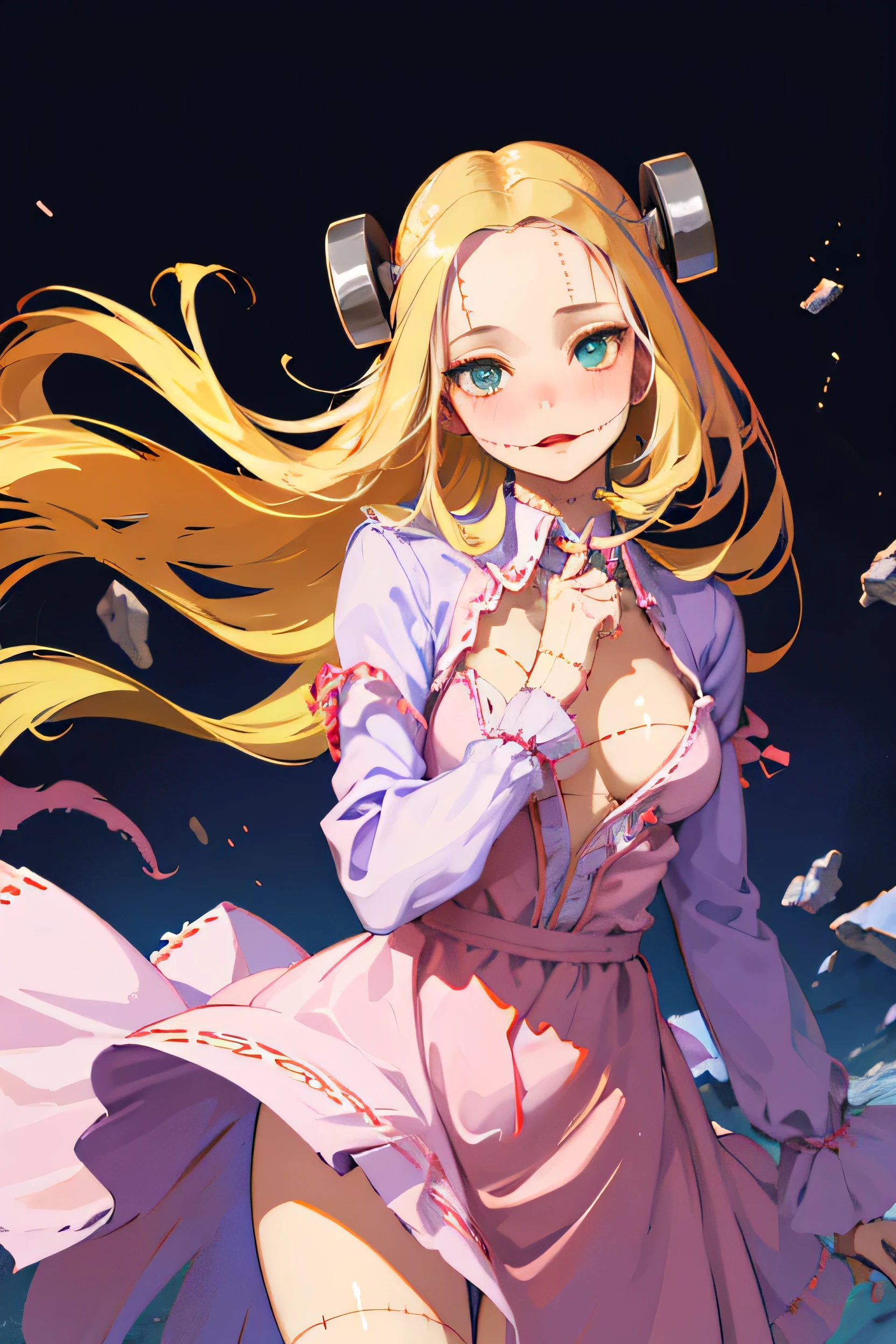 ((masterpiece, Highest quality)), (One Girl), (alone), (Focus on women), (Ash Blonde Hair, Long Hair, 片eyeの毛), Green eye, eye, Cold look, Cold look, Pale skin, Color Grading, Dark illustration, Superior Quality, Shine, Very detailed, ultra-Detailed face, Ultra HD 8K, Ultra-digital, Mythical, Dark lightning, Perfect Face, beautiful, (Perfect composition: 1. 4), Detailed face and body, Award-winning photography , fields, top of the hill, noon, sunlight, Detailed face, Great hands, Looking at the audience, Cinematic Lighting, embers, (Necromancer), (Villain), (masterpiece, Highest quality, Very detailedな, Best Shadow), (beautiful Detailed face, Feminine characteristics), (Best lighting), ((Cinematic Light)), colorful, Hyper Detail, Dramatic Light, Intricate details, (eyeの下のクマ), Gothic, Decadence, wonderful, Spooky, (Madaragi Fran), Cleavage, Medium Chest, Take my breast off, (blush:1.1), Cleavage, Open clothes, Leaning forward, Cowboy Shot, Long sleeve, ふわふわLong sleeve, Pink Shirt, Black Skirt, Juliet Skirt, Front view, Shinesunlight, Lens flare, Hair flapping, Wind lift, From below