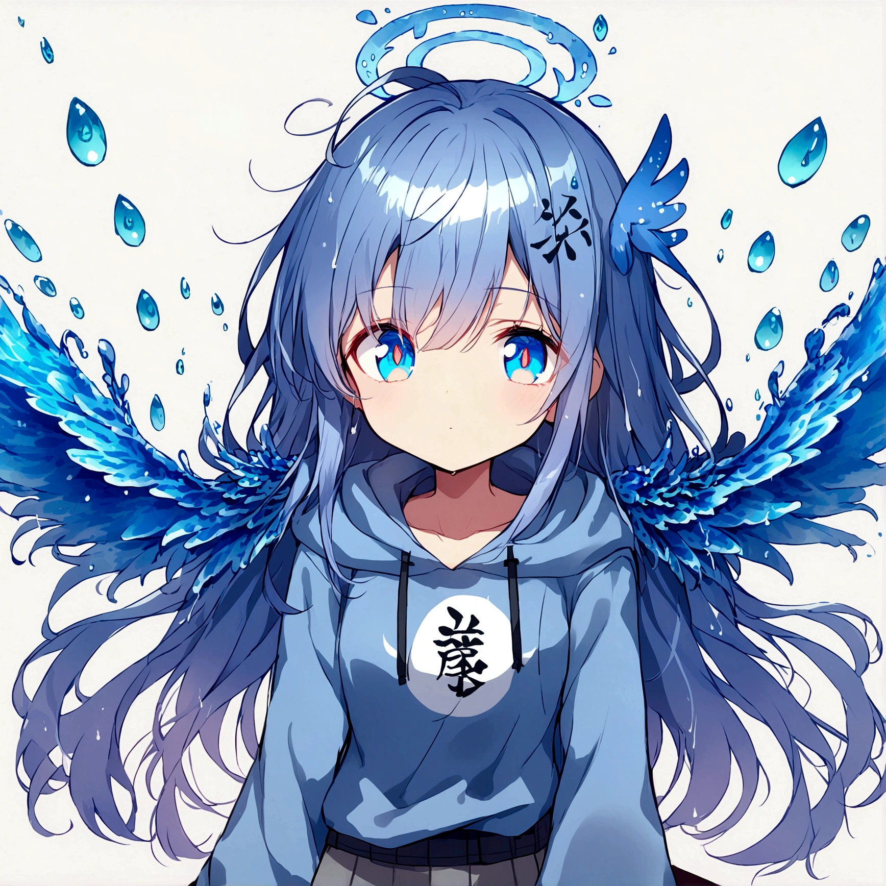 anime girl has blue long hair, drop of water drawn on the pupil, light blue eyes, a sweatshirt with the kanji 水, grey pants, with wings made of water, a blue halo on the head made of water