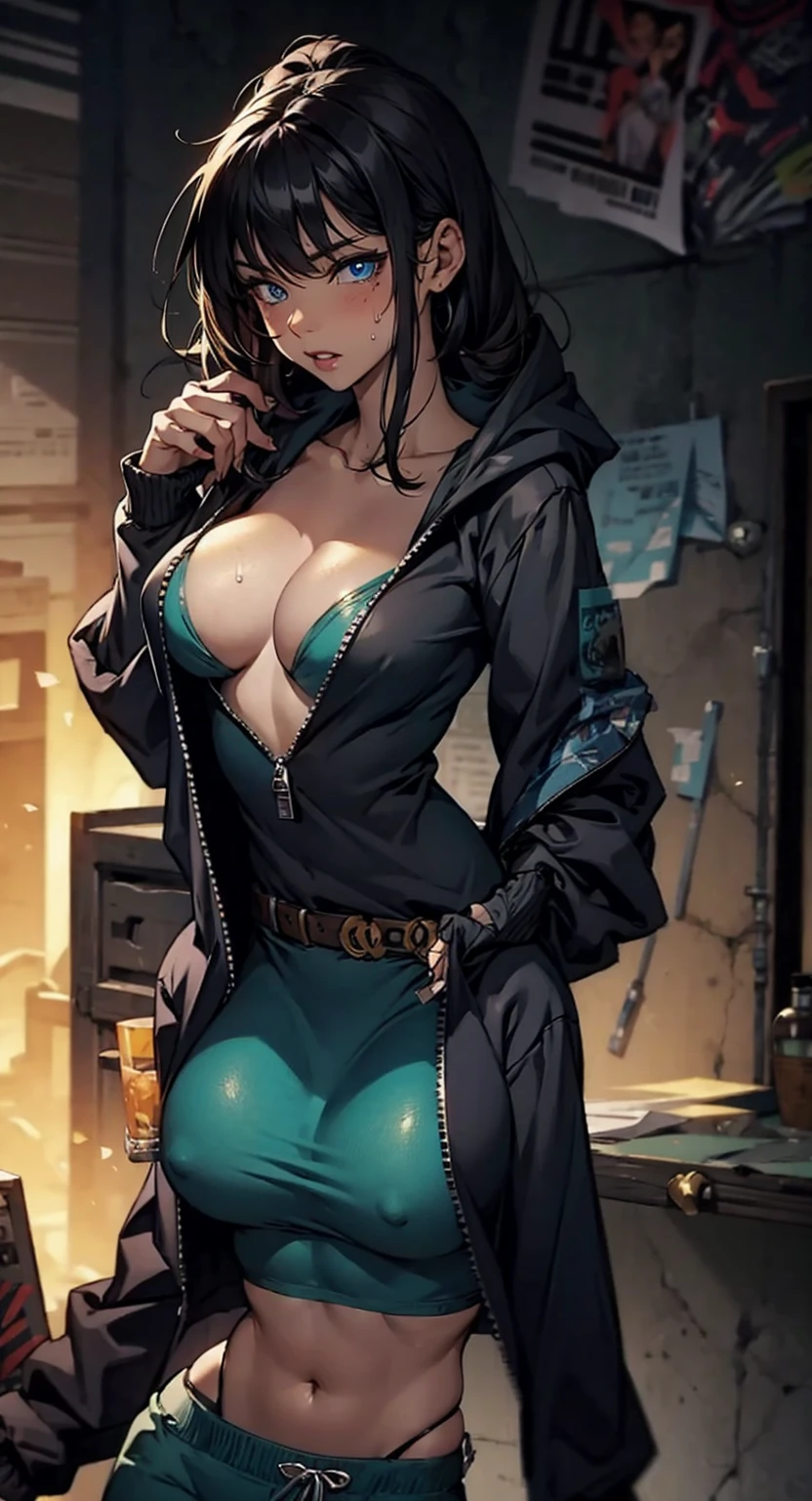 Baddass babe, curvy, full figured woman, thug girl, blue zip-up hoodie, torso, nsfw, busty, black sweatpants,