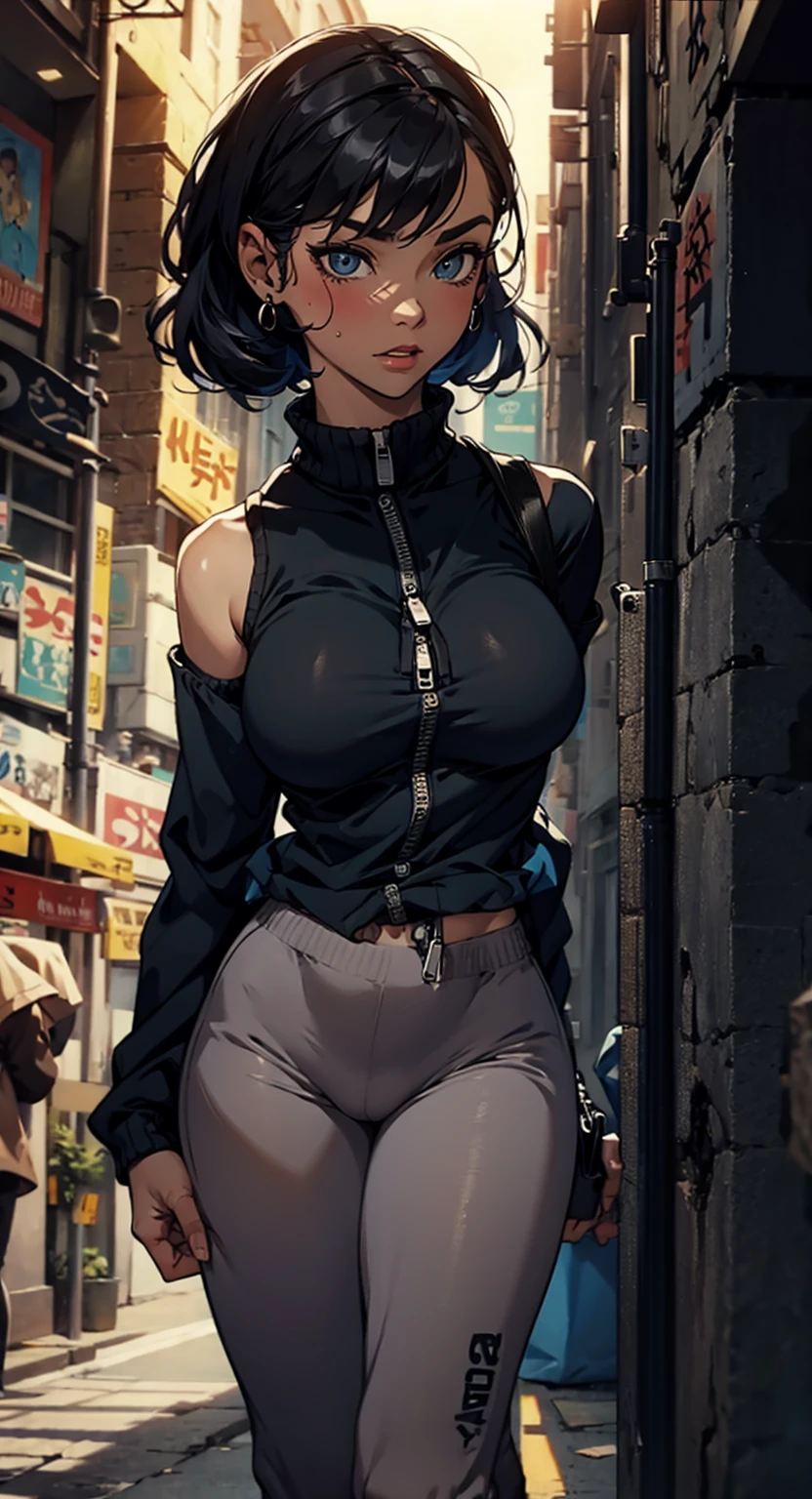 Baddass babe, curvy, full figured woman, thug girl, blue zip-up hoodie, torso, nsfw, busty, black sweatpants,