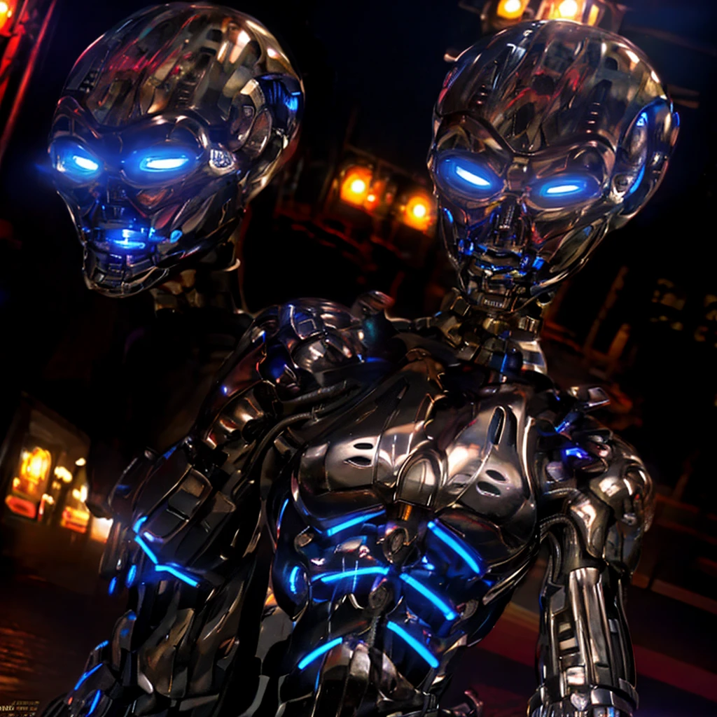 realistic, (T-X endo), (T-X Endoskeleton), (detailed T-X endoskeleton), (ultrarealistic T-X endo:1.2), front pov, t-x endo, a robot woman in a city street, night time, realistic lighting, hard lighting, terminator 3, (deep focus), (best quality), (highres), (ultra HD), (8K:1.2)