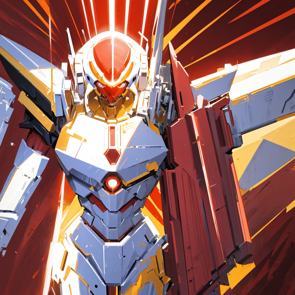 A red mecha made of steel,There is no one in the picture,A huge mecha shining with golden light,Holding a huge shield,((Pure white background))