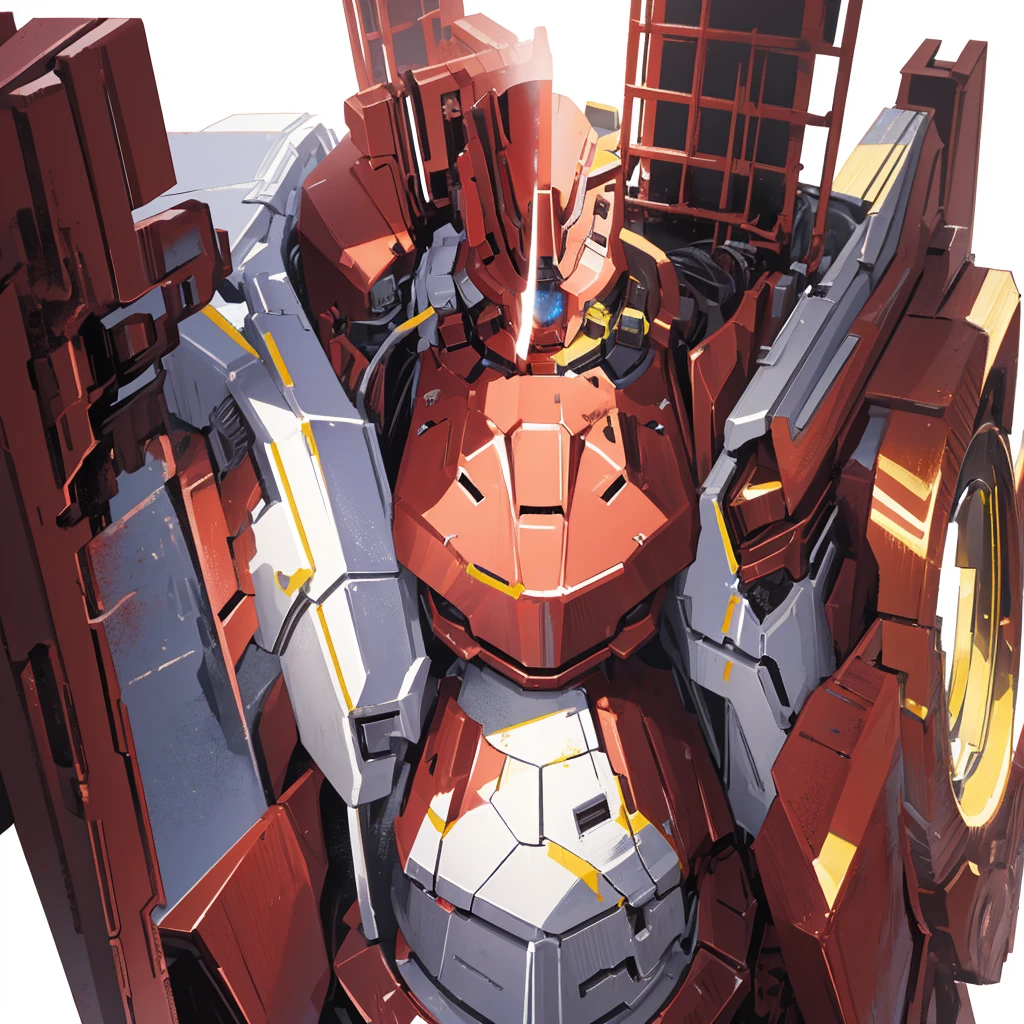 A red mecha made of steel，There is no one in the picture，A huge mecha shining with golden light，Holding a huge shield，((Pure white background))
