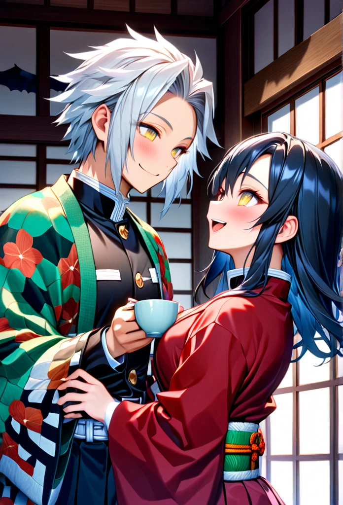 Ultra detailed, high resolution, absurd, HDR, masterpiece, anime girl and boy, beautiful woman (with long white hair with deep red streaks, girl (with yellow eyes), the girl (is wearing a red haori), black demon slayer uniform, Kimetsu No Yaiba, fantasy, beautiful, Tomioka Giyu, Hashira, Tomioka holding a yunomi with tea, couple, romantic, inside a Japanese house, best quality, extremely detailed face, love, romance, anime, they are really in love, they are having fun together, drinking tea, after training they are relaxing having tea together, smiling and laughing, Tomioka is a strong men