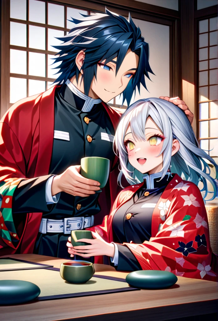 Ultra detailed, high resolution, absurd, HDR, masterpiece, anime girl and boy, beautiful woman (with long white hair with deep red streaks, girl (with yellow eyes), the girl (is wearing a red haori), black demon slayer uniform, Kimetsu No Yaiba, fantasy, beautiful, Tomioka Giyu, Hashira, Tomioka holding a yunomi with tea, couple, romantic, inside a Japanese house, best quality, extremely detailed face, love, romance, anime, they are really in love, they are having fun together, drinking tea, after training they are relaxing having tea together, smiling and laughing, Tomioka is a strong men 
