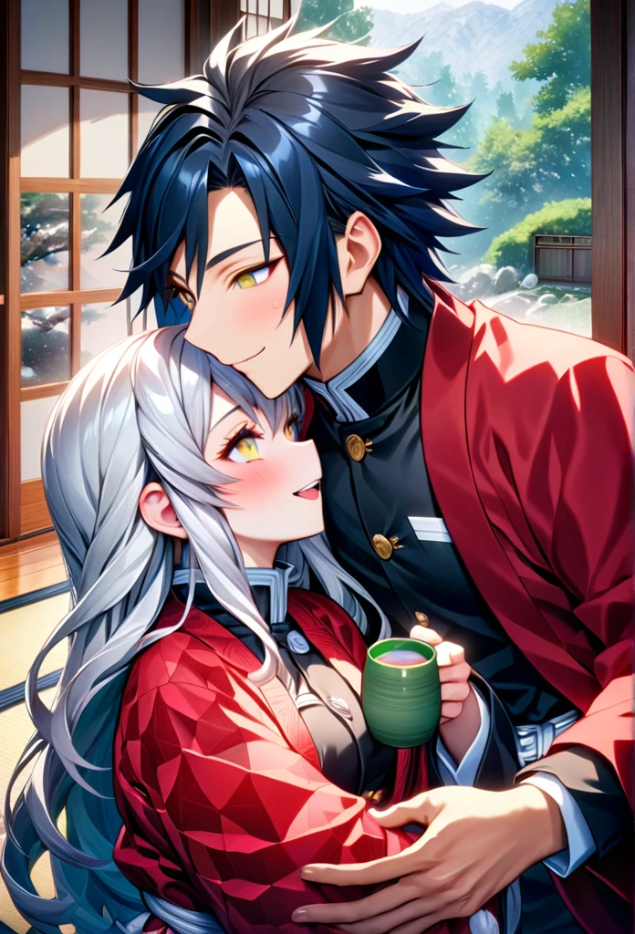 Ultra detailed, high resolution, absurd, HDR, masterpiece, anime girl and boy, beautiful woman (with long white hair with deep red streaks, girl (with yellow eyes), the girl (is wearing a red haori), black demon slayer uniform, Kimetsu No Yaiba, fantasy, beautiful, Tomioka Giyu, Hashira, Tomioka holding a yunomi with tea, couple, romantic, inside a Japanese house, best quality, extremely detailed face, love, romance, anime, they are really in love, they are having fun together, drinking tea, after training they are relaxing having tea together, smiling and laughing, Tomioka is a strong men