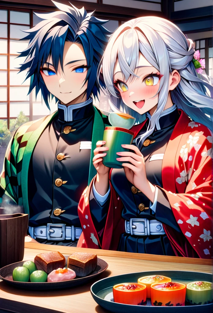 Ultra detailed, high resolution, absurd, HDR, masterpiece, anime girl and boy, beautiful woman (with long white hair with deep red streaks, girl (with yellow eyes), the girl (is wearing a red haori), black demon slayer uniform, Kimetsu No Yaiba, fantasy, beautiful, Tomioka Giyu, Hashira, Tomioka holding a yunomi with tea, couple, romantic, inside a Japanese house, best quality, extremely detailed face, love, romance, anime, they are really in love, they are having fun together, drinking tea, after training they are relaxing having tea together, smiling and laughing, Tomioka is a strong men 