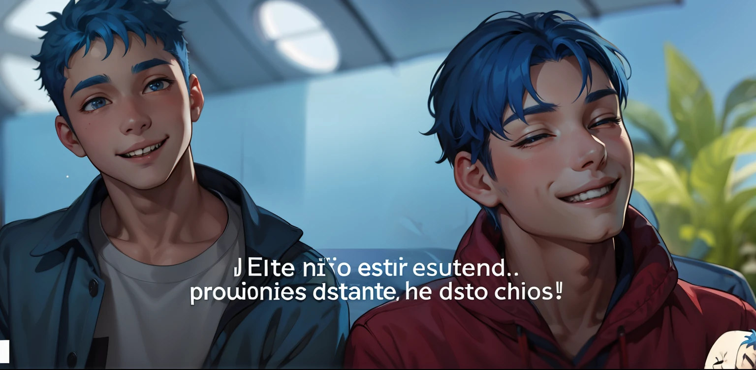 There are two boys with blue hair, they love each other, they smile with joy.