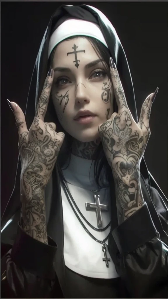 Create a similar photo of a beautiful nun with tattoos on face and hands. Best hyper realistic
