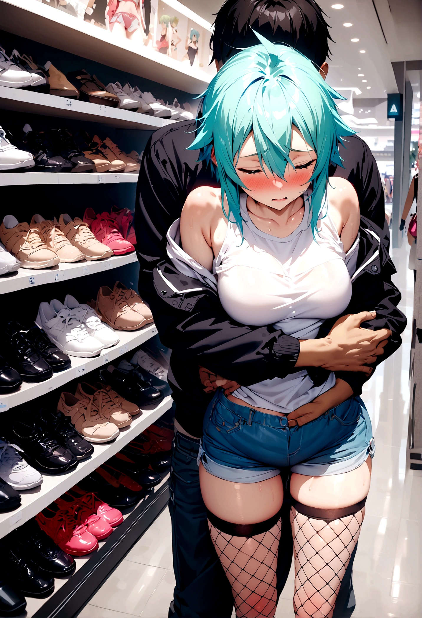 NSFW,masterpiece,Highest quality,High resolution,Super detailed,Sinon\(Sword Art Online\),Jacket,White T-shirt,cropped,Shorts,Fishnet tights,Shoulder bag,Embarrassed,expectant face,blush,Shopping mall,Lingerie Shop,Underwear section,Date,(boy),(Molestation),A man puts his hands on her waist and hugs her,A man fingering