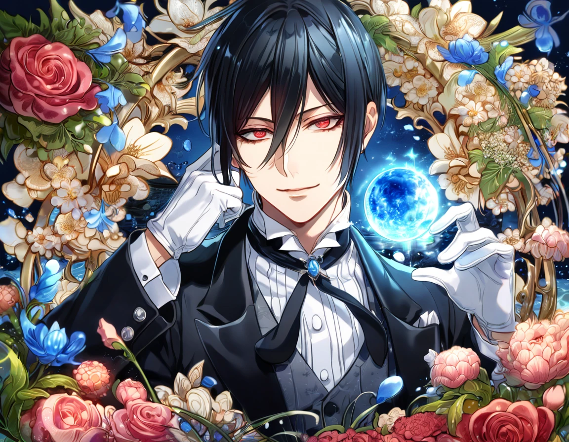 absurdres, highres, ultra detailed, HDR, master piece, Sebastian Michaelis, black hair, expressive red eyes, white gloves, black shirt, Kuroshitsuji, man, handsome, best quality, blue moon, flowers, fantasy, magical, solo, water, blue shining fireflies, blue petals, black Butler clothes, handsome smile,
