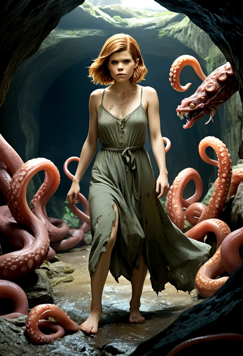 A cute woman (Kate Mara, age 25, dirty, scrapes and scratches, dressed in rags of a torn summer dress) is struggling with a horny tentacle beast as it pulls her clothes off and explores her, slimy cavern