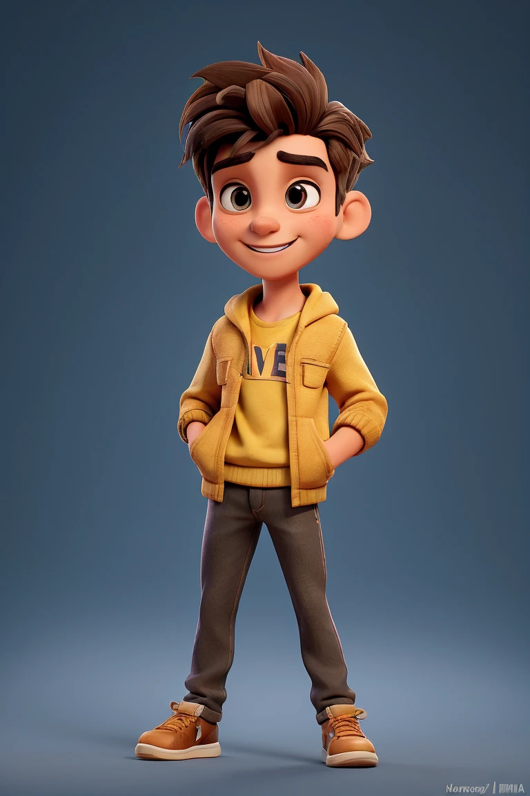 (best qualityer, 4K, hdr), Pixar-style, 20 year old young man, natural portrait, Olhos castanhos expressivos, fair brown-skinned, short wavy brown hair, Delivery boy, vibrant yellow outfit, warm and contagious smile, holding a delivery box, confident and friendly posture, Illuminated by the soft light of day, background of an urban street, subtle shadows, dynamic composition, swirly vibrant colors, Meticulous attention to detail, jovial and energetic behavior, warm and inviting atmosphere, perfect rendering, lifelike textures, ultra-detailed facial expression, expressive eyes and lips, sparkling eyes with a touch of enthusiasm, realistic textured hair, clothing details perfectly adapted to the body, sophisticated yet affordable, hardworking and motivating spirit, portrait capturing his enthusiasm and determination, intense focus and energy in the eyes, graceful movement and balanced posture, Creating a sense of movement and energy in the artwork, Impressive clarity and sharpness, immersive three-dimensional effect, perfect lighting highlighting your features in a flattering way, balanced and refined color palette with pops of vibrant tones, increasing the overall visual impact, Finding the right balance between realism and stylization, showing him in a moment of confidence and energy, uma obra-prima atemporal mostrando a juventude e o vigor do Delivery boy moderno