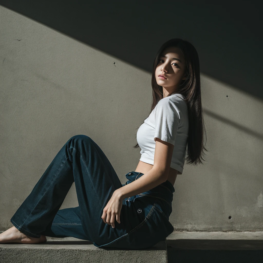 Best quality, masterpiece, ultra high res, (photorealistic:1.4), raw photo, 1girl, waist up, sitting, deep shadow, dark theme
