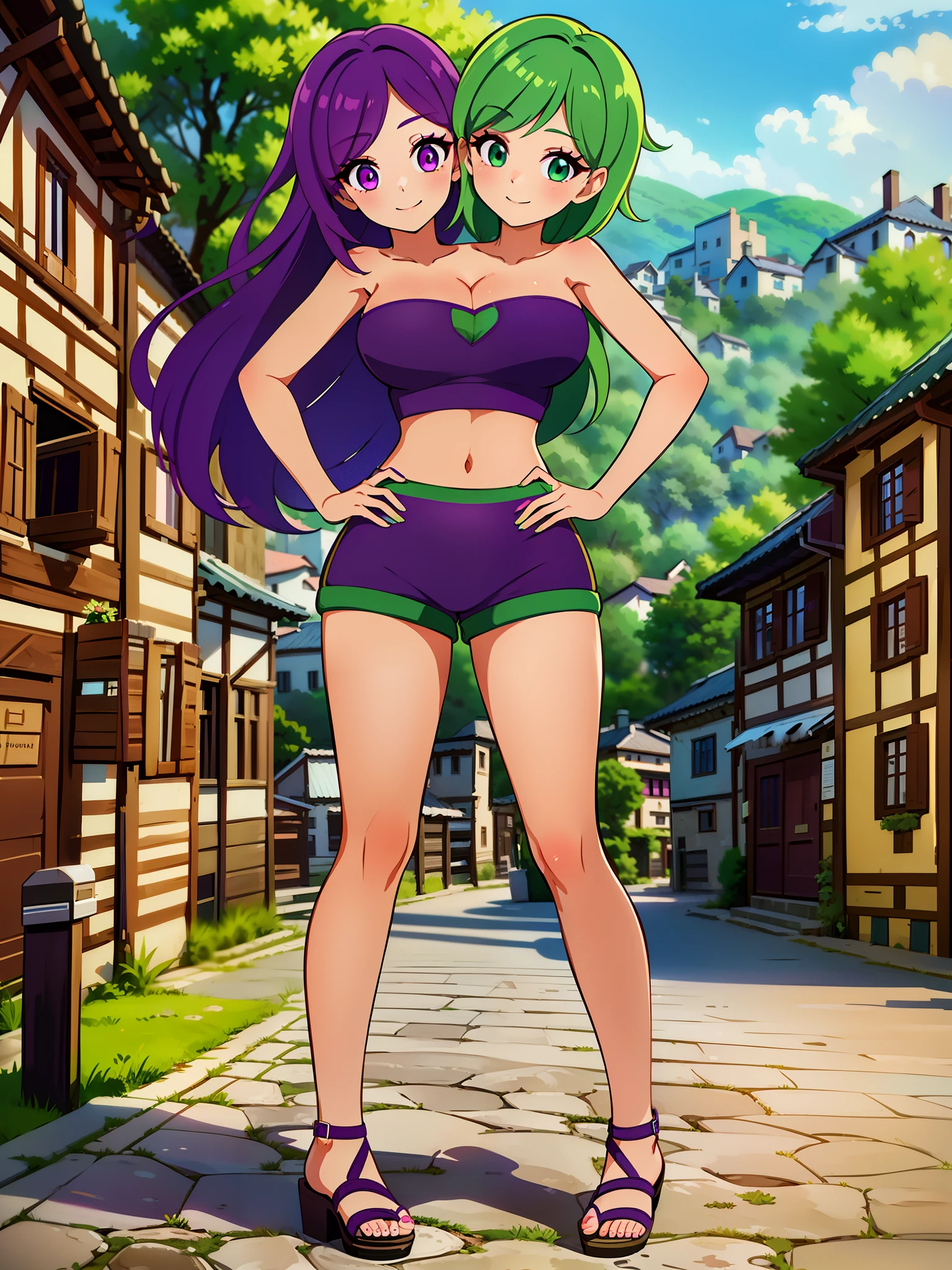 best quality, (masterpiece),(ultra-detailed), (high quality), (high resolution), ((2heads:1.5)), best quality:1.5, highres, UHD, 16K), ((two headed woman)), smiling, highres, masterpiece, ((green hair)), ((purple hair)), ((different hair colors:1.5)), cleavage, ((crop top:1.5)), lustrous and smooth skin, (seductive silhouette), sexy proportions, Beautiful girl with accentuated slender abs, ((full body)), ((village background:1.5)), ((exposed midriff)), body con dress, strapless, sleeveless, magenta eyes, ((long hair)), ((sandals)), ((hot pants))