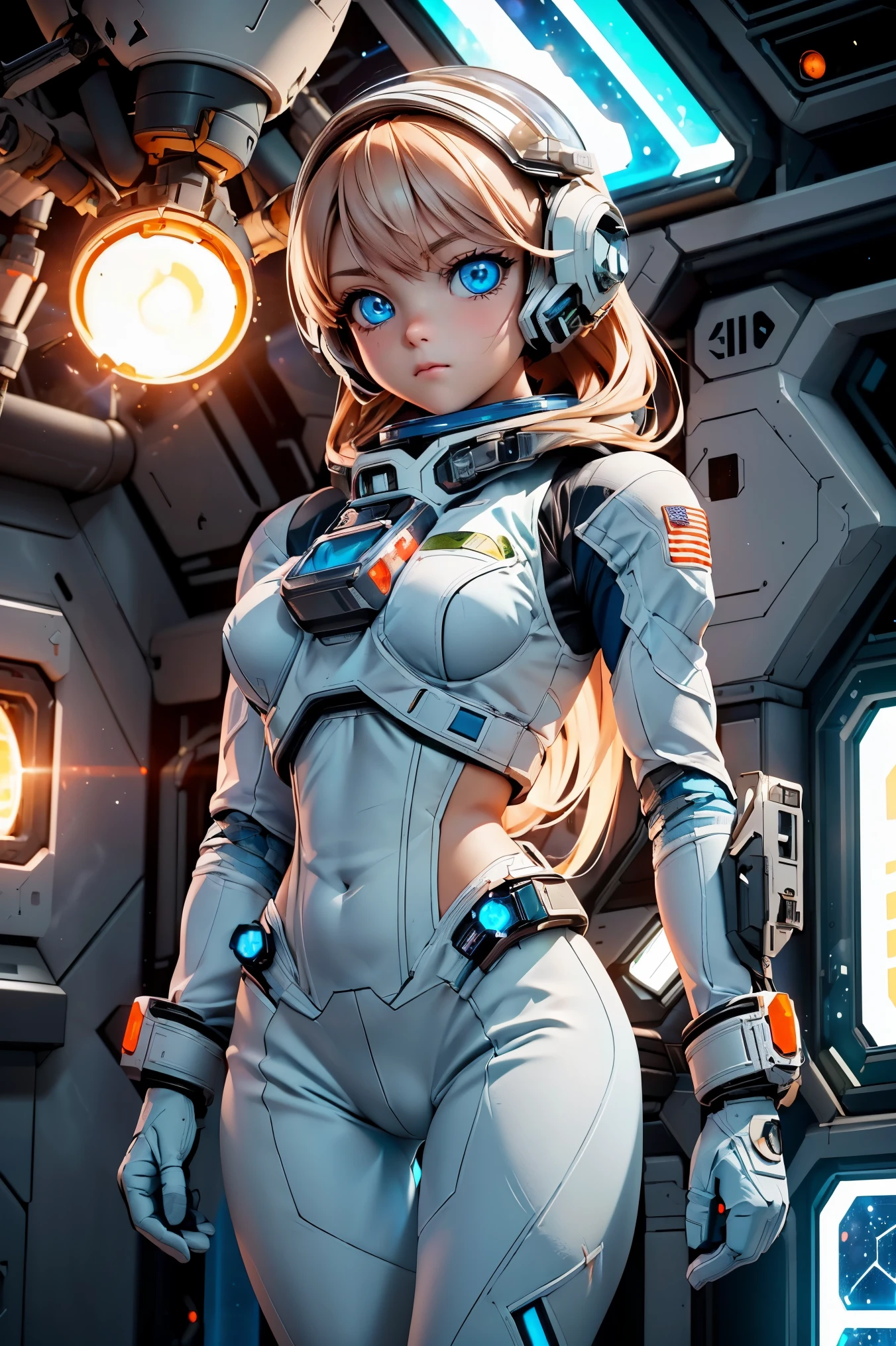 1 girl,Solitary,living room,The original,(Integral:1.4) ,Face visible through helmet ,Green Eyes,White tights,Orange Heavy Armor,Cowboy shooting,(on a space station:1.4 ) ,Science fiction,Ultra Detailed,Clear focus,Aesthetic,(best quality), (Beautiful blue eyes :1.4) 