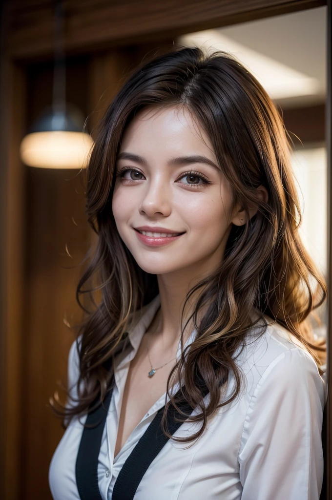 create an image of an executive secretary from one of the biggest specialists in the Brazilian real estate market, streaked hair, curly hair, light smile, cinematic lighting, highres, high quality, super detail