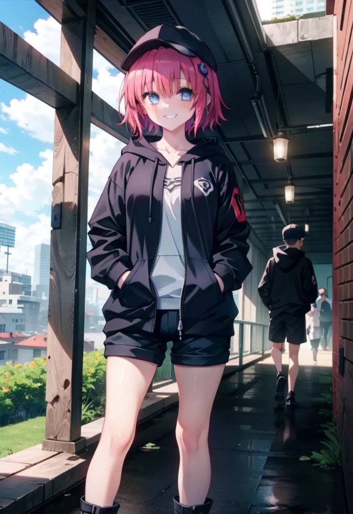 (masterpiece, Highest quality:1.2),shape,8K,High resolution,mea kurosaki,Mea Kurosaki,Redhead,Long Hair,Purple eyes,1 Girl,Baseball hats,Oversized black hoodie,Black shorts,short boots,Grin,smile,Both hands are in the pockets of the hoodie,Hiding in a roofed building,Standing leaning against a wall,rain,night,cloudy,whole bodyがイラストに入るように,
break looking at viewer,whole body,
break indoors, Alley,
break (masterpiece:1.2), Highest quality, High resolution, ユニティ 8K 壁紙, (shape:0.8), (Beautiful and beautiful eyes:1.6), Highly detailed face, Perfect lighting, Highly detailed CG, (Perfect hands, Perfect Anatomy),