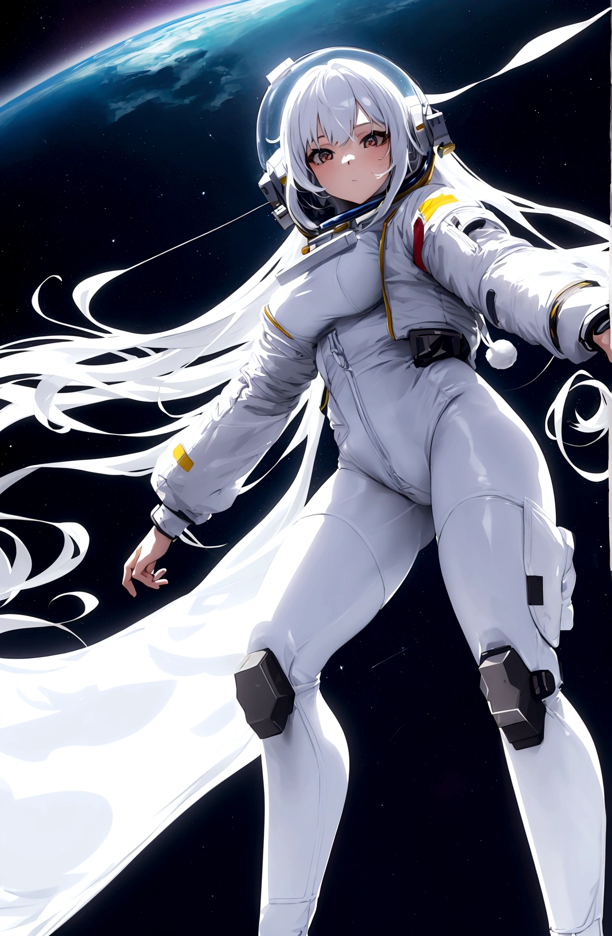 Astronaut and sexy rabbit girl with white hair floating in space while looking ahead with a sexy pose