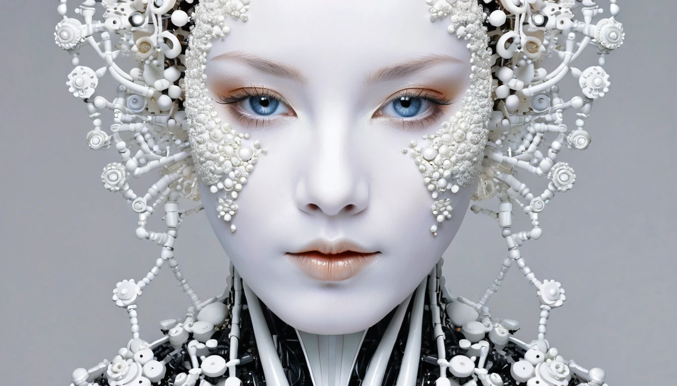 robot, mandelbrot, cellular automata, human face, extremely white face powder, heavy make-up, pixiv, hd, hq, 5d, hyper-realistic