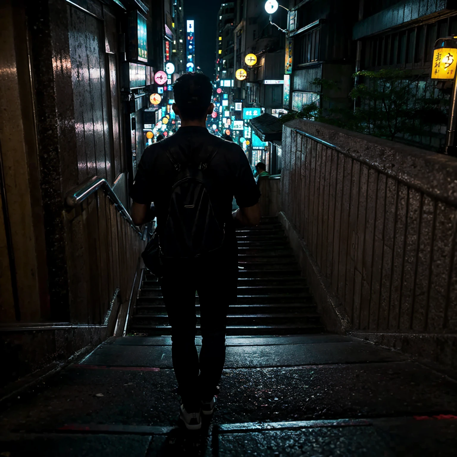 city street, night, neon light, stairs, (taipei downtown scenery), (asian rapper silhouette from back, from behind), (city skyline)