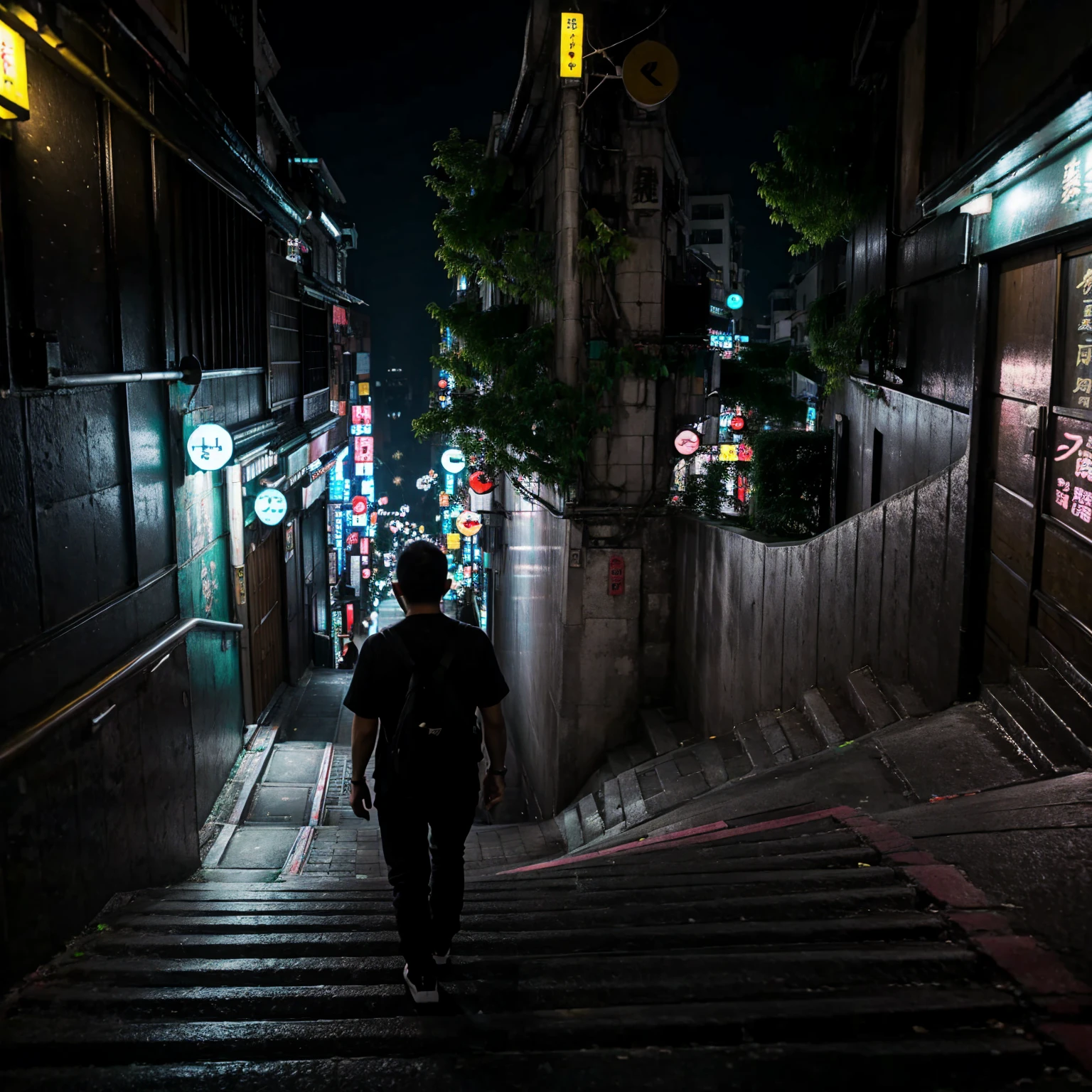 city street, night, neon light, stairs, (taipei downtown scenery), (asian rapper silhouette from back, from behind), (city skyline)